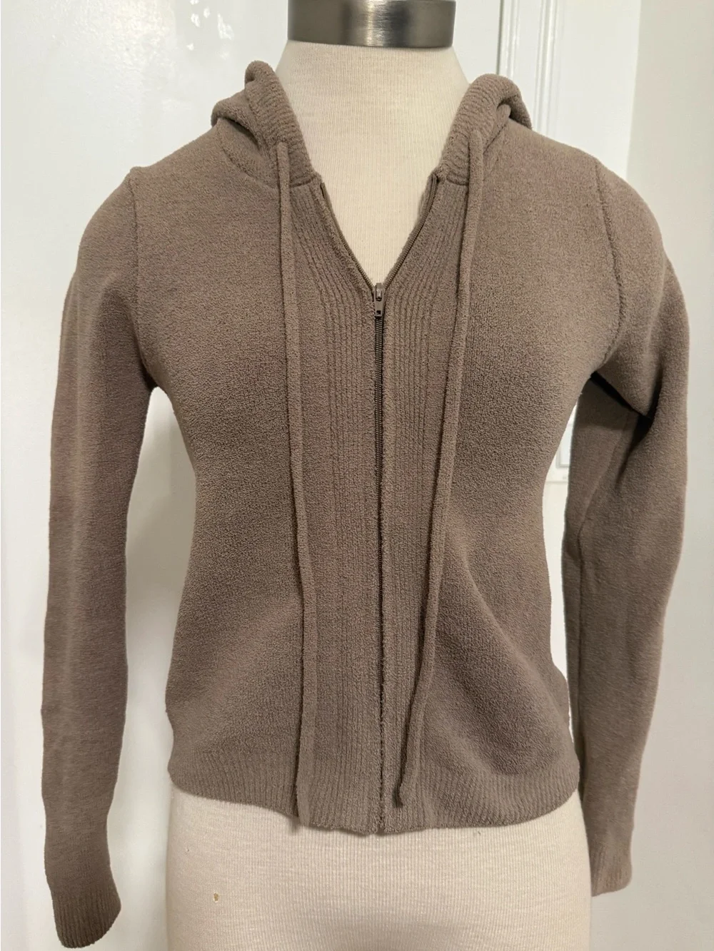 Skims Boucle Taupe Zip-Up Hooded Knit Sweater M